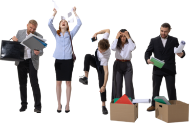 Fired office workers showing anger and frustration after dismissal on transparent background. Concept of job stress, emotional burnout, unemployment despair, workforce protests, and corporate collapse