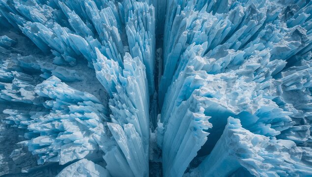 Showcasing jagged blue ice spires radiating over remote glacial field, with deep central crevasse - Powered by Adobe