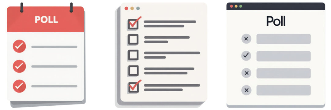Set of market research and questionnaire conceptThree designs showcasing different poll formats a calendar checklist, a survey form, and a digital polling interface.