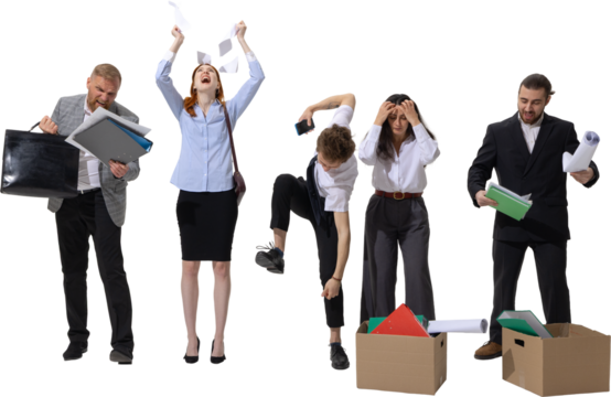 Fired office workers showing anger and frustration after dismissal on transparent background. Concept of job stress, emotional burnout, unemployment despair, workforce protests, and corporate collapse