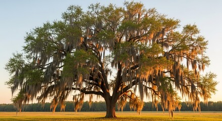 Majestic live oak draped in Spanish moss glows warmly at golden hour in open pastureland serenity