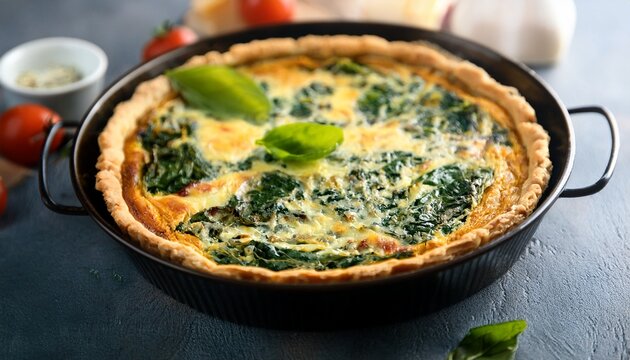 homemade spinach and cheese quiche served with fresh ingredients