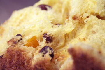Macro shot of bread texture with raisins and candied orange peel. Detailed close-up of traditional sweet pastry showing soft dough and rich ingredients. Panettone or easter cake.