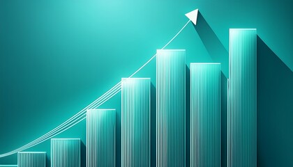 rising bars on turquoise background with thin white line graph