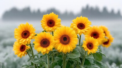 Vibrant yellow sunflowers with detailed petals and dark centers bloom in a misty field with a blurred treeline background under soft daylight