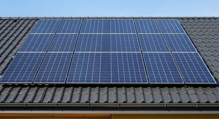Close up photo of a house with solar panels on the roof on a bright sunny day with the sun shining on them