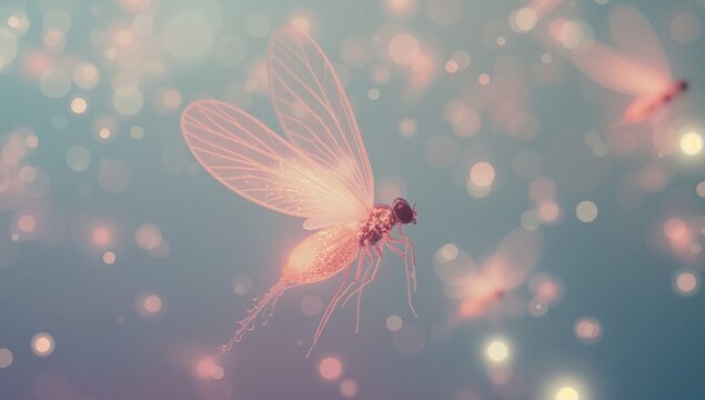 Hovering luminescent insect radiating pink glow in ethereal space, with translucent wings and bokeh