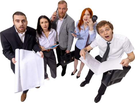 Group of office workers looking shocked at business documents with stressed expressions on transparent background. Concept of workplace stress, financial loss, crisis communication, and corporate