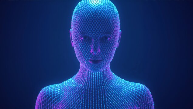 Shimmering digital humanoid female bust hovering in virtual projection space, with glowing nodes