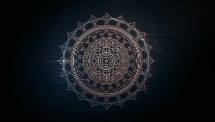Rotating glowing circular mandala in digital void, showing concentric rings and glitch artifacts