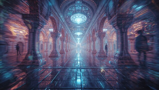 Showcasing palatial corridor receding toward vanishing point with glowing chandeliers and arches - Powered by Adobe