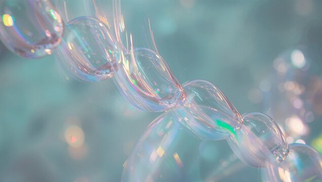 Shimmering translucent bubble-like spiral tube rotating in digital backdrop, with pastel bokeh