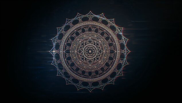 Rotating glowing circular mandala in digital void, showing concentric rings and glitch artifacts