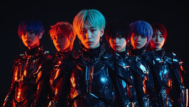 Standing six Asian males wearing futuristic armor suits in studio, with red and blue lighting - Powered by Adobe
