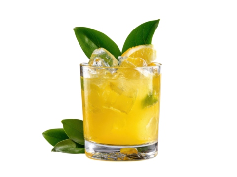 Refreshing citrus beverage with ice and green leaves yellow glass, Isolated, Png Transparent Background - Powered by Adobe
