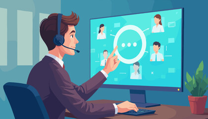 A friendly male customer support agent wearing a headset and suit, interacting with a digital interface displaying a network of connected people and communication icons on a computer screen