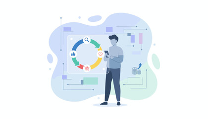 Customer journey concept illustration with a person using a smartphone to navigate a circular diagram showing search, like, heart, and shopping cart icons, representing online engagement and