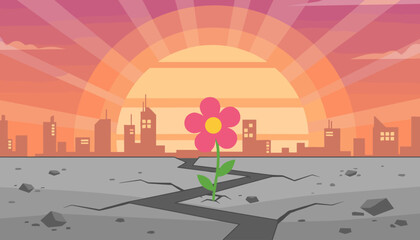 A vibrant pink flower with a yellow center pushes through a cracked concrete street, symbolizing resilience and hope against a backdrop of a stylized cityscape at sunset with radiating sunbeams and