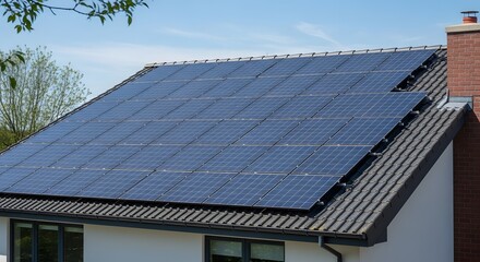 Fototapeta premium Photo of a house with solar panels on the roof on a bright sunny day with the sun shining on them
