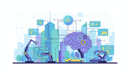 Futuristic AI technology concept with a stylized brain, robotic arms, autonomous vehicles, and smart city elements, symbolizing innovation, automation, and the digital future in a vibrant, modern