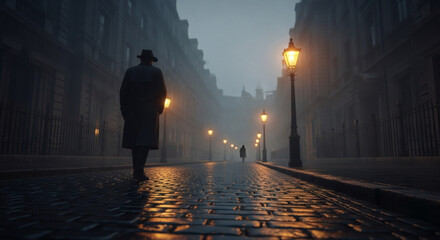 Fototapeta premium A lone figure walking down a cobblestone street in Victorian London, gas lamps glowing softly through thick evening fog, mysterious and cinematic atmosphere, noir style