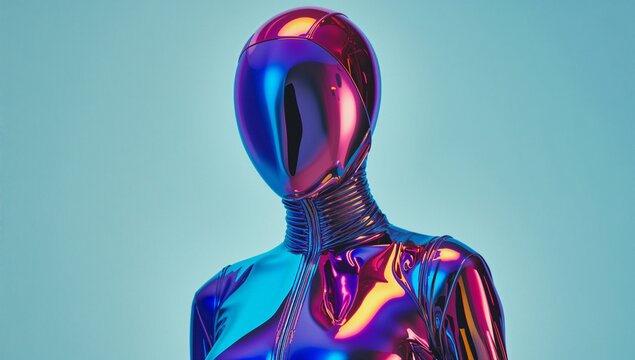 Standing humanoid figure facing forward in studio, with reflective metallic bodysuit and helmet