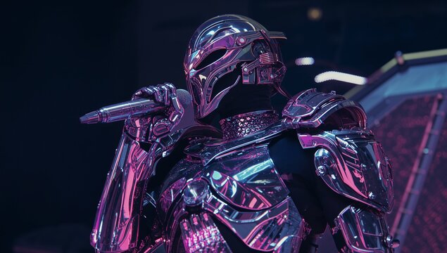 Performing singer wearing reflective helmet and armor holding mic on stage, with neon LED panels