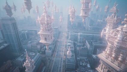 Naklejka premium Hovering floating temple structures over futuristic city boulevard with skyscrapers, vehicle lights