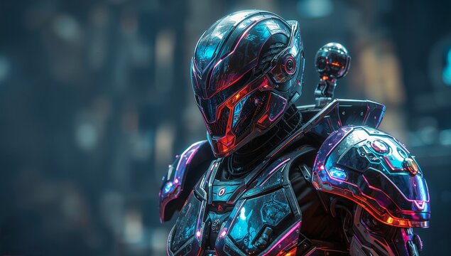 Standing armored cyborg scanning high-tech facility, with helmet visor and neon circuit lines - Powered by Adobe