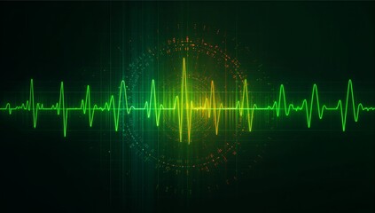 Oscillating neon green waveform line pulsing across interface, with yellow-green peak and rings