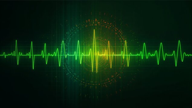Oscillating neon green waveform line pulsing across interface, with yellow-green peak and rings