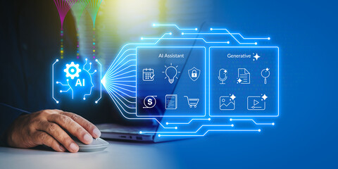 AI agent, holographic robot assistant concept, digital interface showing generative AI functions for digital business productivity, AI agent work with holographic robot interface and assistant tools