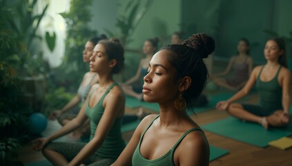 Meditating yoga practitioners sitting on mats in studio with green walls, wearing athletic clothing