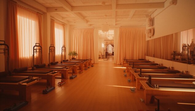 Lining wooden Pilates reformer machines in Pilates studio, highlighting blue dumbbells and mirror - Powered by Adobe