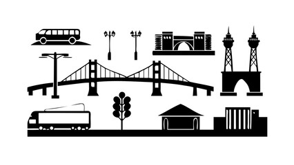 Vector art of silhouette of tehran city landmarks, including milad tower, azadi tower, bridges, and buildings, creating a skyline that represents the iranian capital