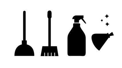 Vector art of a captivating vector illustration showcasing a collection of cleaning tools, including a plunger, brush, spray bottle, and cleaning fluid symbol