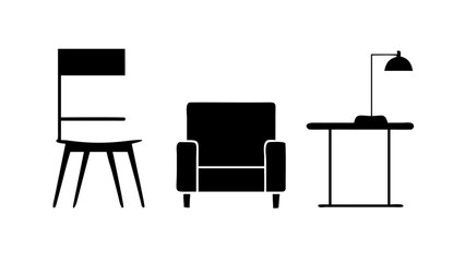 Vector art of modern furniture arrangement, showcasing a stylish chair, a comfortable armchair, and a sleek table with a lamp for contemporary living spaces