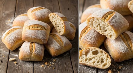 Freshly Baked Ciabatta Rolls on a Rustic Wooden Table.