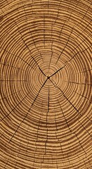 Fototapeta premium Detailed cross-section of a tree trunk showing growth rings and radial cracks.