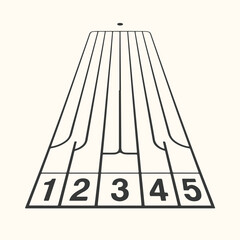 Vector art of topdown view of a bowling alley lane with numbered lanes from 1 to 5, highlighting the start of the game and competition