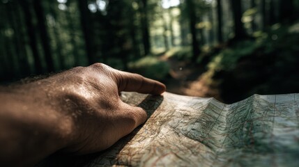 Hand on map in forest