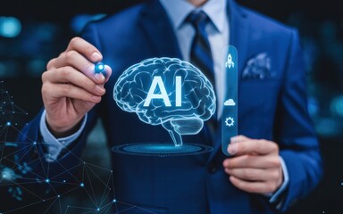 Man in suit interacting with ai brain hologram and digital interface elements on a dark background