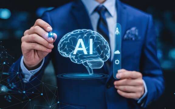Man in suit interacting with ai brain hologram and digital interface elements on a dark background