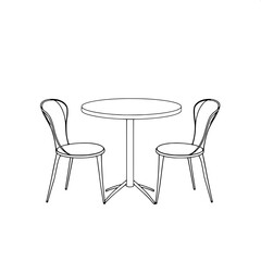 Minimal black-and-white contour drawing of outdoor seating in a symmetrical composition featuring a circular table with a smooth, rounded edge and two identical chairs with slender legs and curved bac