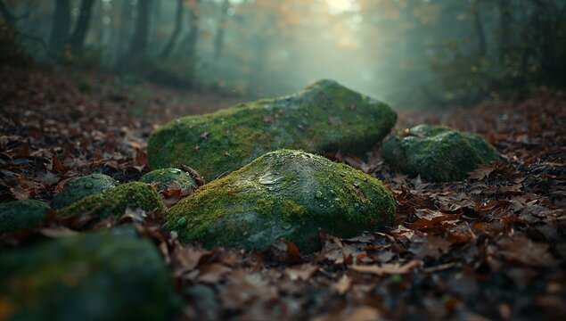 Resting mossy stones on misty forest floor under morning light, with fallen leaves and tree trunks