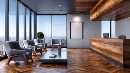 Modern office interior with large windows and wood finishes