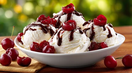 Ice cream sundae with cherries and chocolate sauce in bowl