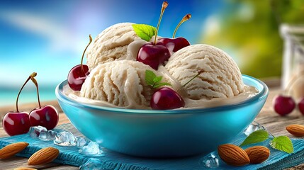 Ice cream dessert with cherries and almonds in a bowl