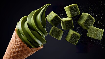Green tea ice cream cone and matcha cubes on dark background