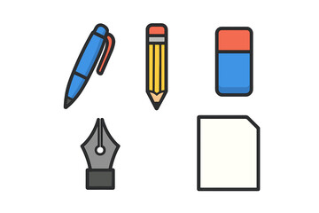 Set of essential stationery items including pen, pencil, eraser, and blank paper sheet